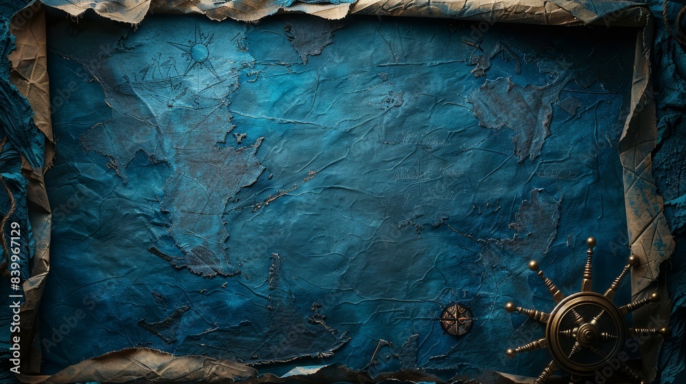 Obraz premium Vintage nautical map with curled edges and a compass on blue parchment background, hinting at seafaring adventures and old-world exploration.