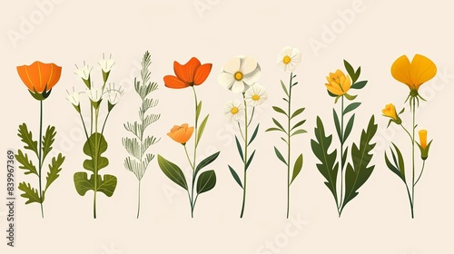 Illustration of various wildflowers in a row with vibrant colors and detailed botanical features on a light background  ideal for design projects.