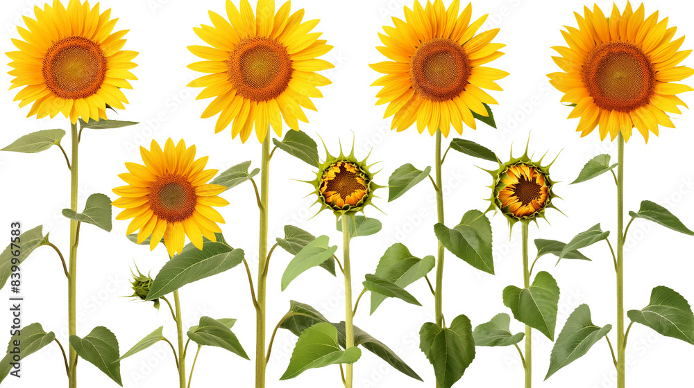 Fototapeta premium sunflowers isolated with leaf leaves on transparent background
