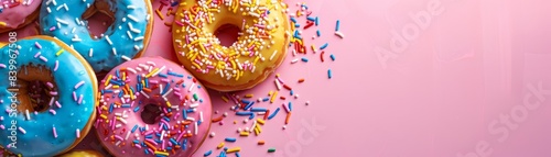 A row of colorful donuts with sprinkles on top. The donuts are arranged in a row and are of different colors