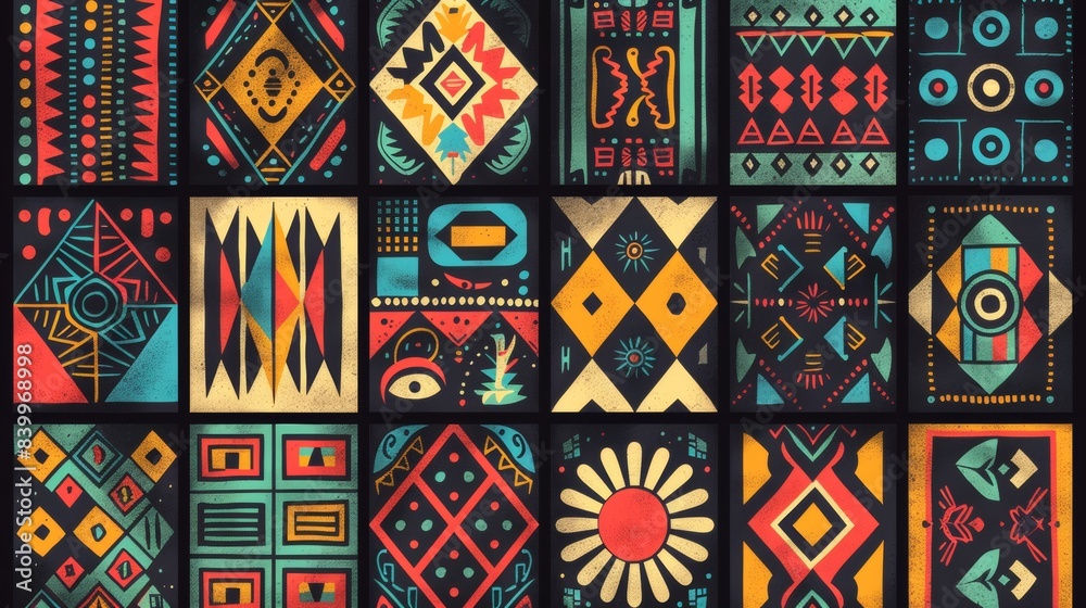 Bold geometric patterns with vibrant colors inspired by African tribal art. Bold geometric patterns with vibrant colors inspired by African tribal art.