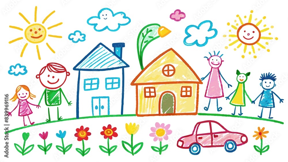 Flowers bloom with creativity! A child's chalk masterpiece features a vibrant family portrait, surrounded by beautiful flowers. Flowers bloom with creativity! A child's chalk masterpiece features a vibrant family portrait, surrounded by beautiful flowers.
