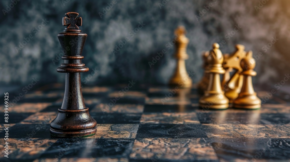 Fototapeta premium A chess board with a black king on it. The king is surrounded by other pieces, including pawns and rooks. Concept of strategy and competition, as the king is the most important piece on the board