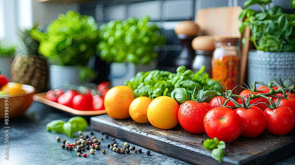 Fresh tomatoes and basil on a cutting board on the kitchen table. Fresh tomatoes and basil on a cutting board on the kitchen table.