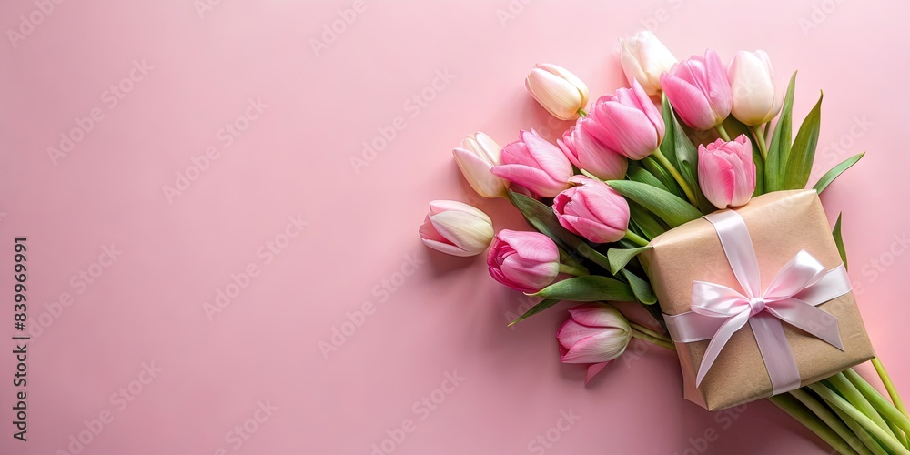 Happy mother's day composition with gift box and bouquet of flowers on pink background. Flat lay, top view, vertical, Mother's day, celebration, gift box, flowers, pink background, flat lay