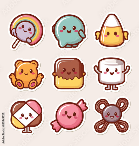 Kawaii Candy printable stickers vector illustration set
