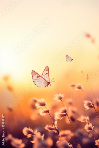 A group of butterflies flying in the air, with some of them having a yellowish hue. Concept of freedom and lightness, as the butterflies seem to be soaring through the sky without any constraints photo