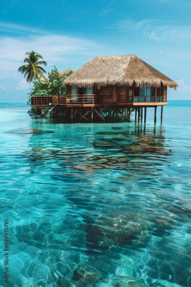 A beautiful beach house with a wooden roof and a balcony overlooking the ocean. The water is crystal clear and the sky is blue A beautiful beach house with a wooden roof and a balcony overlooking the ocean. The water is crystal clear and the sky is blue