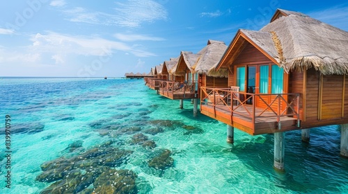 A beautiful beach house with a wooden roof and a balcony overlooking the ocean. The water is crystal clear and the sky is blue © Media Srock