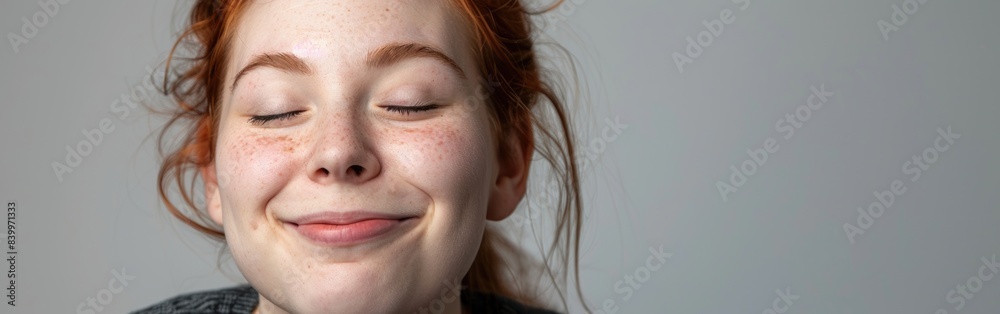 A close-up portrait of a young woman with red hair and freckles smiling. She has her eyes closed, suggesting joy and relaxation A close-up portrait of a young woman with red hair and freckles smiling. She has her eyes closed, suggesting joy and relaxation