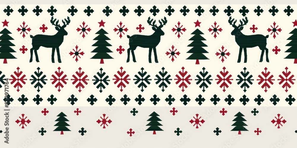 A seamless festive pattern mimicking a holiday sweater with reindeer and trees A seamless festive pattern mimicking a holiday sweater with reindeer and trees