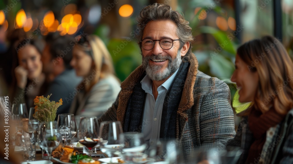 A sophisticated middle-aged man with glasses smiles warmly in a bustling restaurant setting, exuding charm A sophisticated middle-aged man with glasses smiles warmly in a bustling restaurant setting, exuding charm