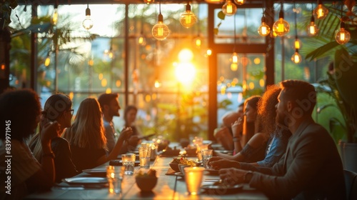A group of individuals are gathered around a table in a restaurant, engaging in conversation with hanging lights above