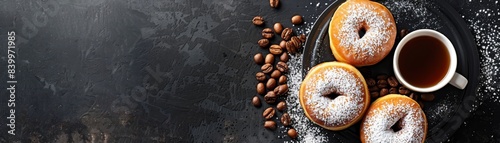 A close up of a plate of powdered donuts and a cup of coffee. The donuts are sprinkled with powdered sugar and arranged in a row. The coffee is poured into a white cup with a leaf design on it photo