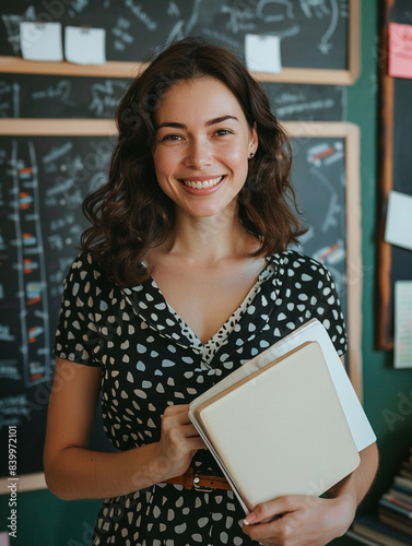 30 year old female teacher holding a book standing in front of the blackboard