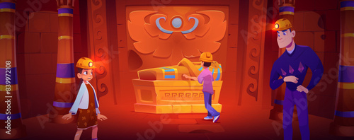 Father and teen children explore Egyptian temple room interior with pharaoh sarcophagus and columns. Cartoon vector family historical trip to underground ancient Egypt pyramid palace with mummy tomb.