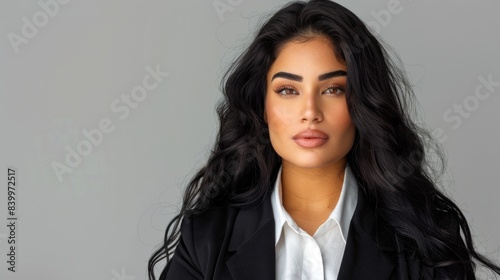 A young businesswoman with long, black hair poses in front of a gray backdrop