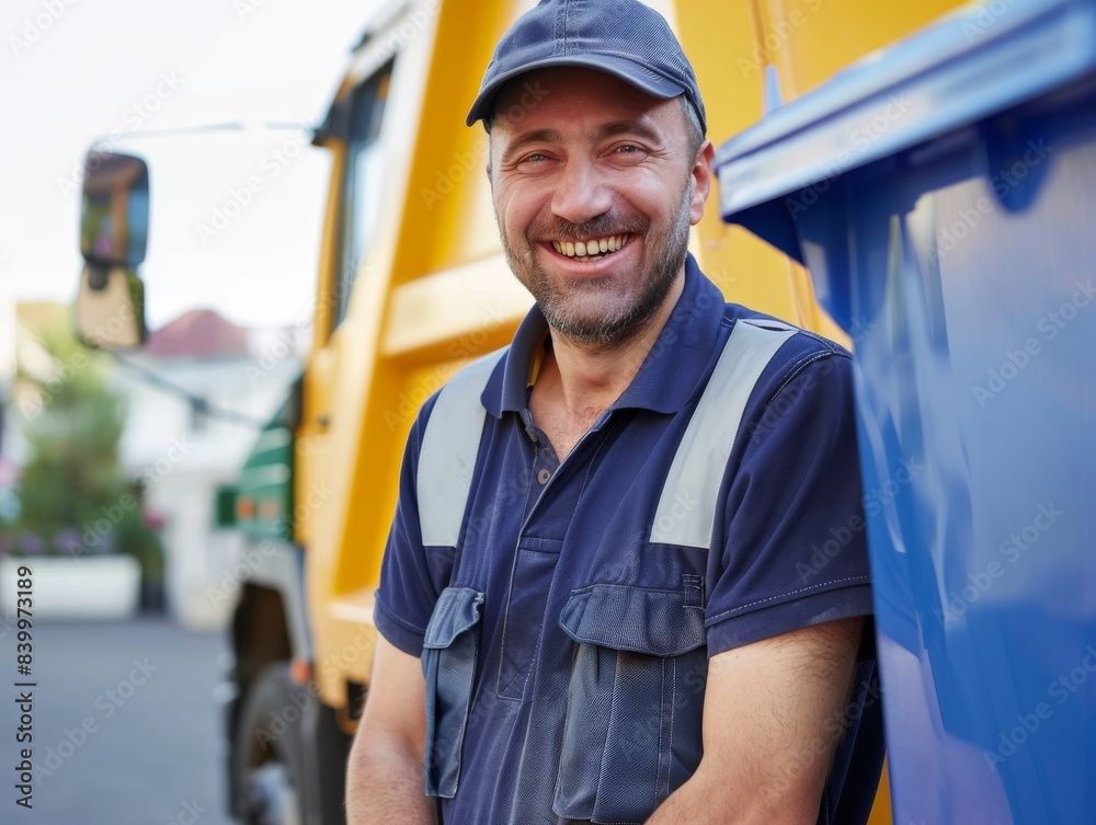 A cheerful male delivery driver in a uniform and cap stands in front of a yellow truck A cheerful male delivery driver in a uniform and cap stands in front of a yellow truck