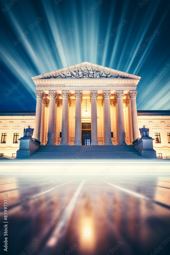 Fototapeta premium The Supreme Court building is a large, white structure with pillars and a dome. The building is surrounded by a white fence and has a large staircase leading up to the entrance