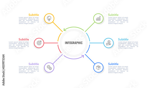 6 processes infographic circle design template. Business presentation, Report, Marketing, Banner and Brochure. Vector illustration.