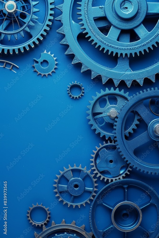 A blue background with a row of gears on it. The gears are all different sizes and are arranged in a circular pattern. Concept of precision and order, as well as the idea of machinery and technology A blue background with a row of gears on it. The gears are all different sizes and are arranged in a circular pattern. Concept of precision and order, as well as the idea of machinery and technology