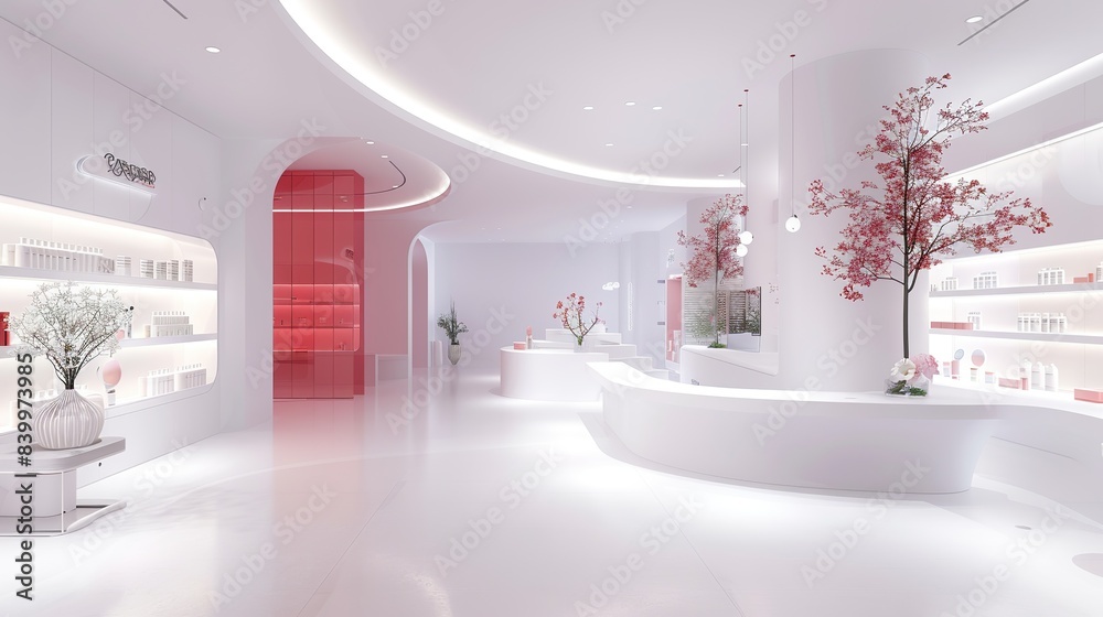 A cosmetics exhibition hall in the style of toning technique, subtle elegance, delicate simplicity, minimalist beauty, Minimalist interior design background. copy space for text. A cosmetics exhibition hall in the style of toning technique, subtle elegance, delicate simplicity, minimalist beauty, Minimalist interior design background. copy space for text.