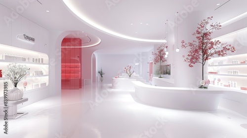 A cosmetics exhibition hall in the style of toning technique, subtle elegance, delicate simplicity, minimalist beauty, Minimalist interior design background. copy space for text. © Naknakhone