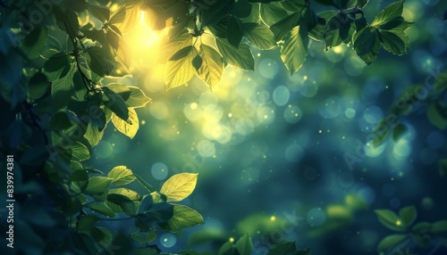 Close-up of fresh green leaves with backlit sunlight and blurred background. AI.