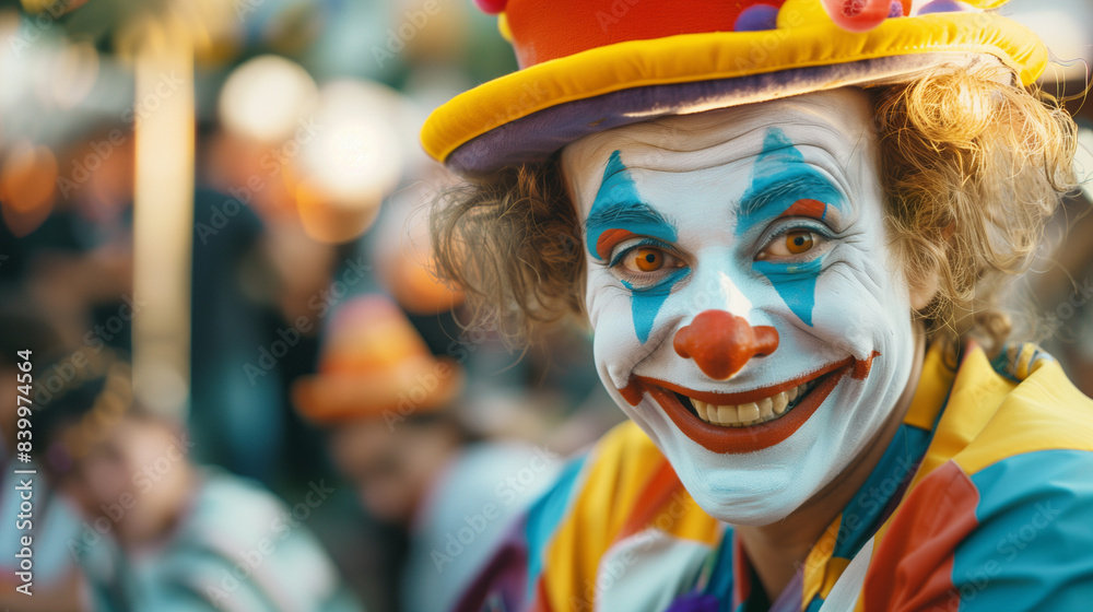 A clown entertains at a birthday event with joy radiating from his colorfully painted face, Ai generated Images A clown entertains at a birthday event with joy radiating from his colorfully painted face, Ai generated Images