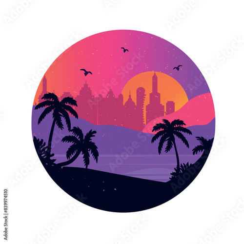  tropical landscape vector illustration. landscape with palm trees in round frame very peri, vector.palm trees, sea, orange sun mountains vector drawing
