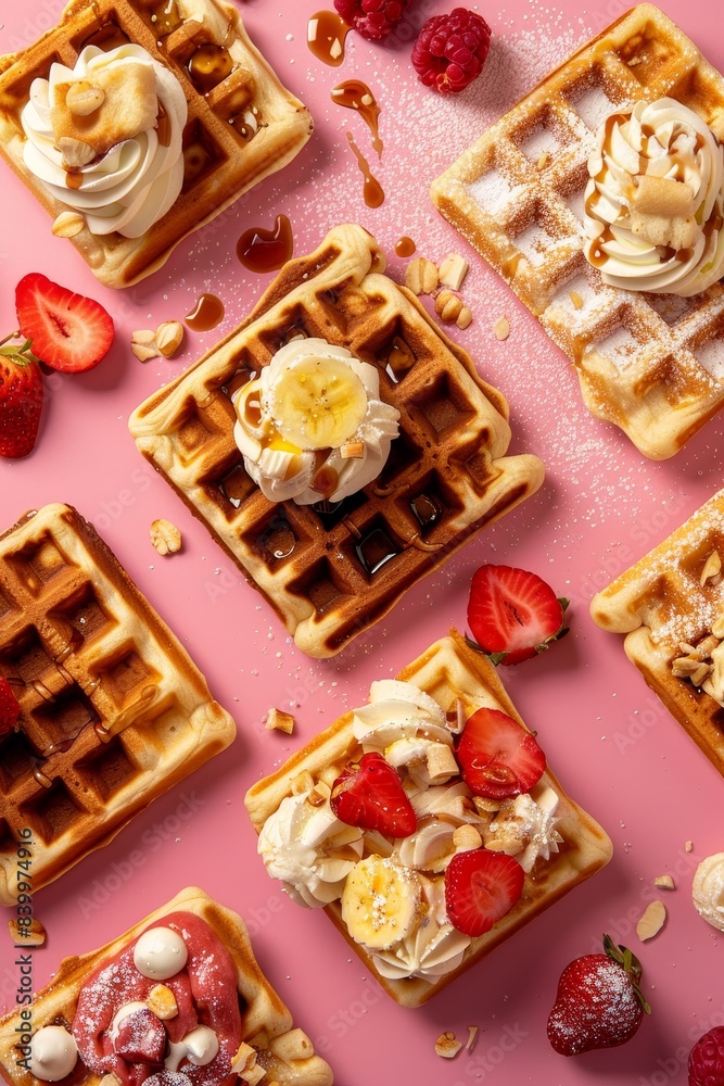 Two waffles with whipped cream and fruit toppings on a pink background. The waffles are served with a variety of toppings including bananas, strawberries, and nuts. Concept of indulgence and enjoyment