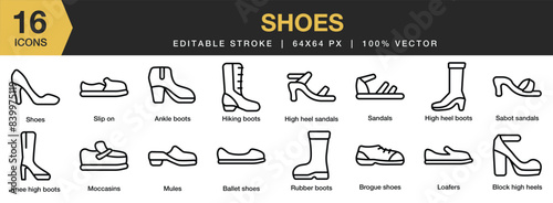 Set of 16 Shoes icon set. Editable Stroke Icon Collection. Includes slip on, ankle boots, sandals, mules, moccasins and More. Outline icons vector collection.