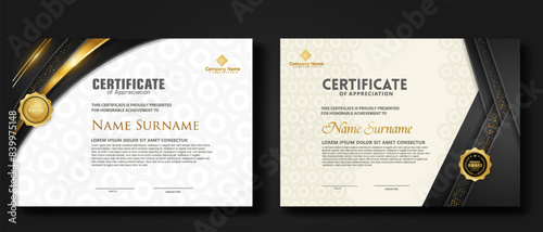Luxury certificate template with glitter effect dan lines gold shine on frame background