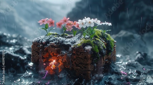 Wallpaper Mural   A petite potted plant rests atop a rock amidst a tranquil body of water, its vibrant blossoms cascading downward Torontodigital.ca