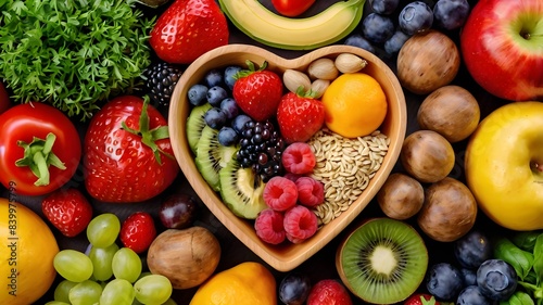 A vibrant photo showcasing a heartshaped bowl filled with nutritious diet foods, including fresh fruits, vegetables, and whole grains, promoting heart health and cardiovascular wellness.