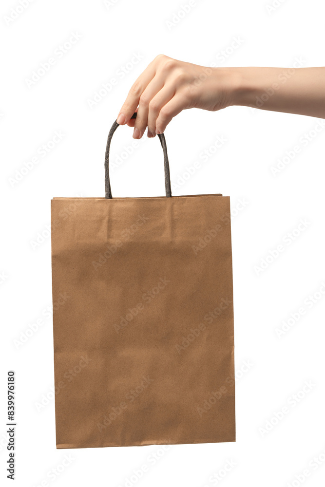 Paper bag in woman hand isolated on a white background. Paper bag in woman hand isolated on a white background.