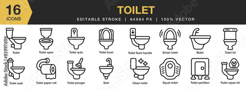 Set of 16 Toilet icon set. Editable Stroke Icon Collection. Includes toilet paper, sink, bidet, squat toilet and More. Outline icons vector collection.