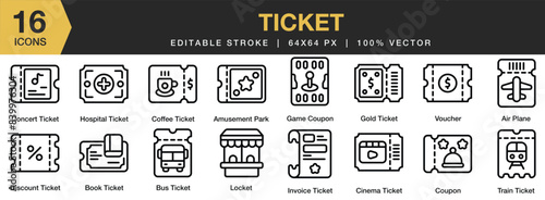 Set of 16 Ticket icon set. Editable Stroke Icon Collection. Includes locket, voucher, coupon, cinema ticket, discount ticket and More. Outline icons vector collection.
