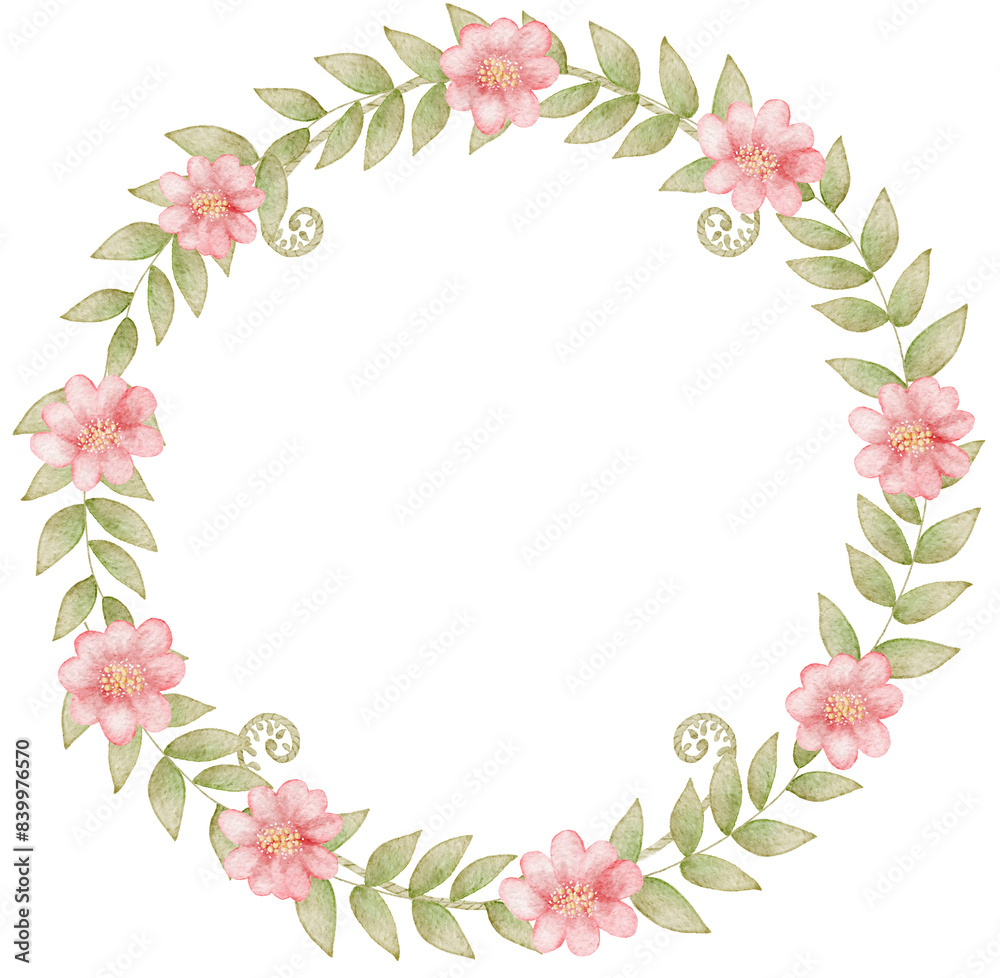 Watercolor Pink Flower Circle Wreath Frame Watercolor Pink Flower Circle Wreath Frame