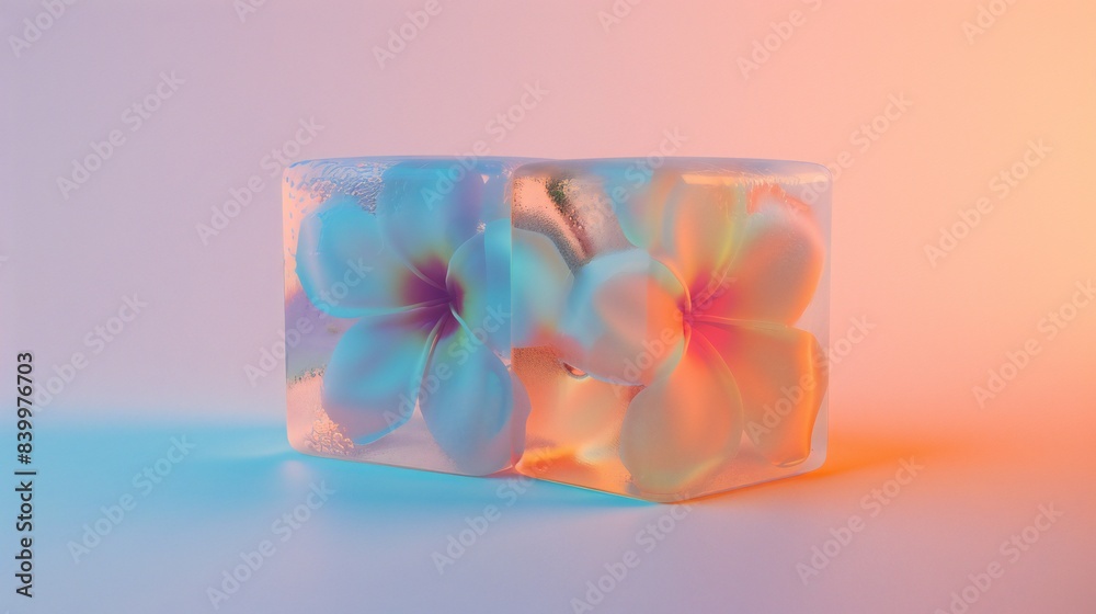 Fragrant jasmine inside a 3D ice cube, clean background, shimmering effect, playful composition. Fragrant jasmine inside a 3D ice cube, clean background, shimmering effect, playful composition.