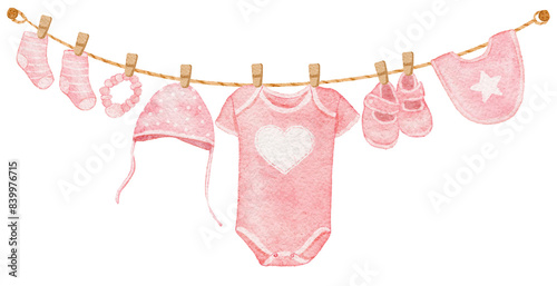 Watercolor Pink Baby Clothes Hanging on a Clothes rack for Card Template Frame