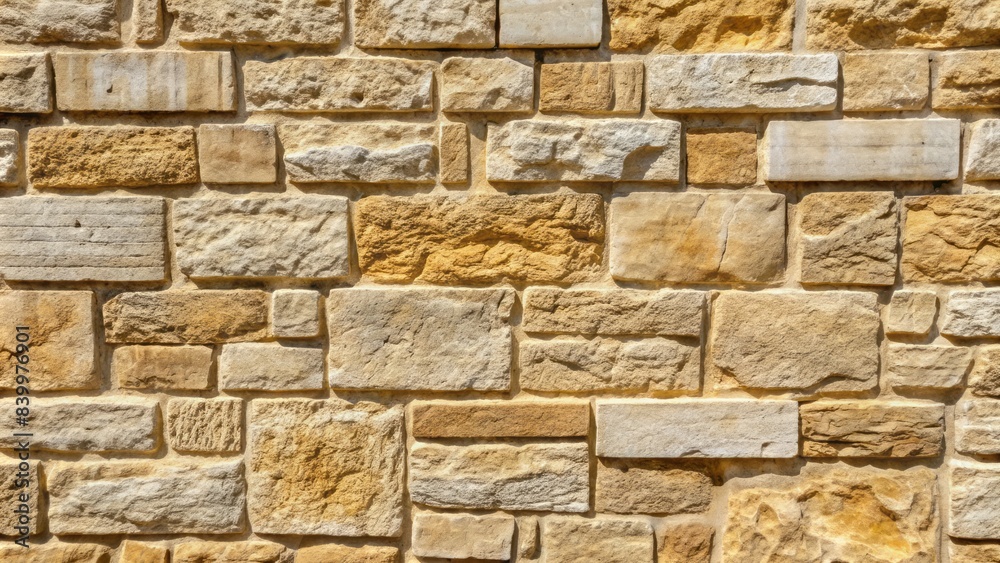 Fototapeta premium Weathered, beige french limestone wall texture with subtle veining, rough-hewn surface, and soft, muted tones creating a classic, rustic, and timeless architectural backdrop.