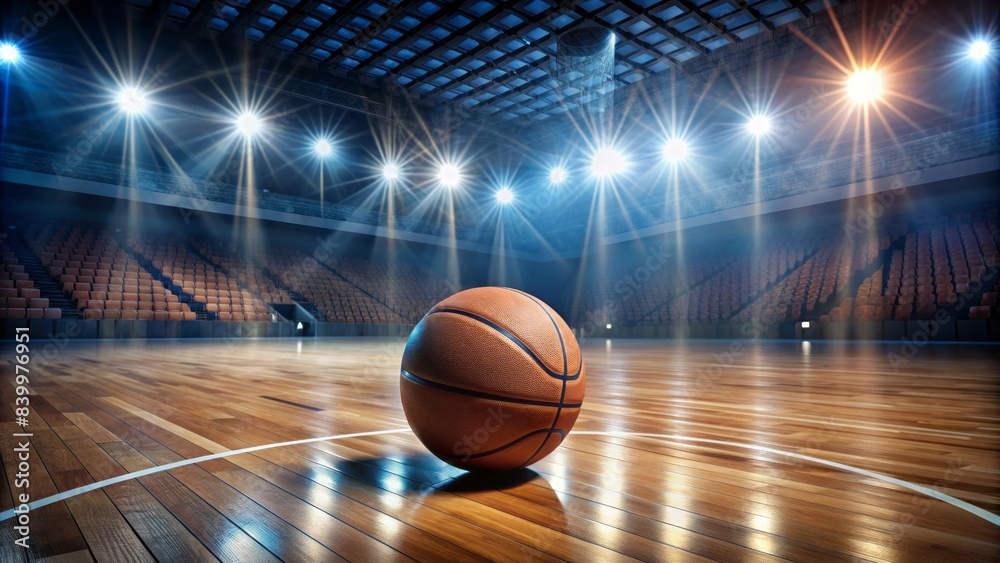 A serene, empty basketball court with a lone ball resting on the polished wooden floor, surrounded by gleaming stadium lights and vibrant court markings. A serene, empty basketball court with a lone ball resting on the polished wooden floor, surrounded by gleaming stadium lights and vibrant court markings.