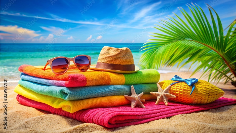 A neatly folded, brightly colored cooling towel lies on a tropical beach towel, surrounded by refreshing summer props, evoking instant relaxation and tranquility. A neatly folded, brightly colored cooling towel lies on a tropical beach towel, surrounded by refreshing summer props, evoking instant relaxation and tranquility.