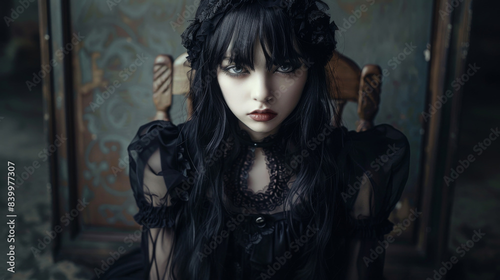 Portrait of a brunette Goth style inspired woman, fashion and make-up shoot. Gothic, Goth, Emo, New Wave, Dark style fashion. Dark smokey make-up, red lipstick. Dramatic. Elegant. Portrait of a brunette Goth style inspired woman, fashion and make-up shoot. Gothic, Goth, Emo, New Wave, Dark style fashion. Dark smokey make-up, red lipstick. Dramatic. Elegant.