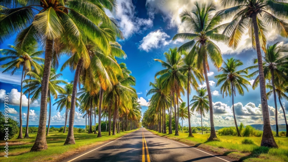 Serene tropical road lined with swaying palm trees and vibrant foliage, set against a brilliant blue sky with a few puffy white clouds. Serene tropical road lined with swaying palm trees and vibrant foliage, set against a brilliant blue sky with a few puffy white clouds.