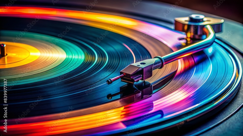 A mesmerizing close-up of a vinyl record spinning on a sleek turntable, vibrant colors and grooves contrasting against a dark background, evoking nostalgia. A mesmerizing close-up of a vinyl record spinning on a sleek turntable, vibrant colors and grooves contrasting against a dark background, evoking nostalgia.
