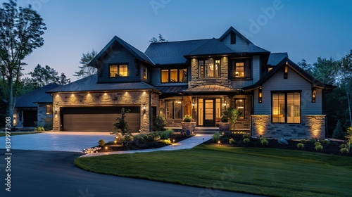 Front view of new house in modern style with lighting at dark night. copy space for text.