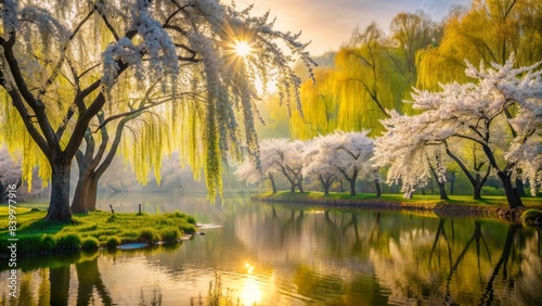 Serenely tranquil qingming festival midday scene featuring majestic willow trees, lush greenery, and delicate white cherry blossoms amidst warm yellow photo