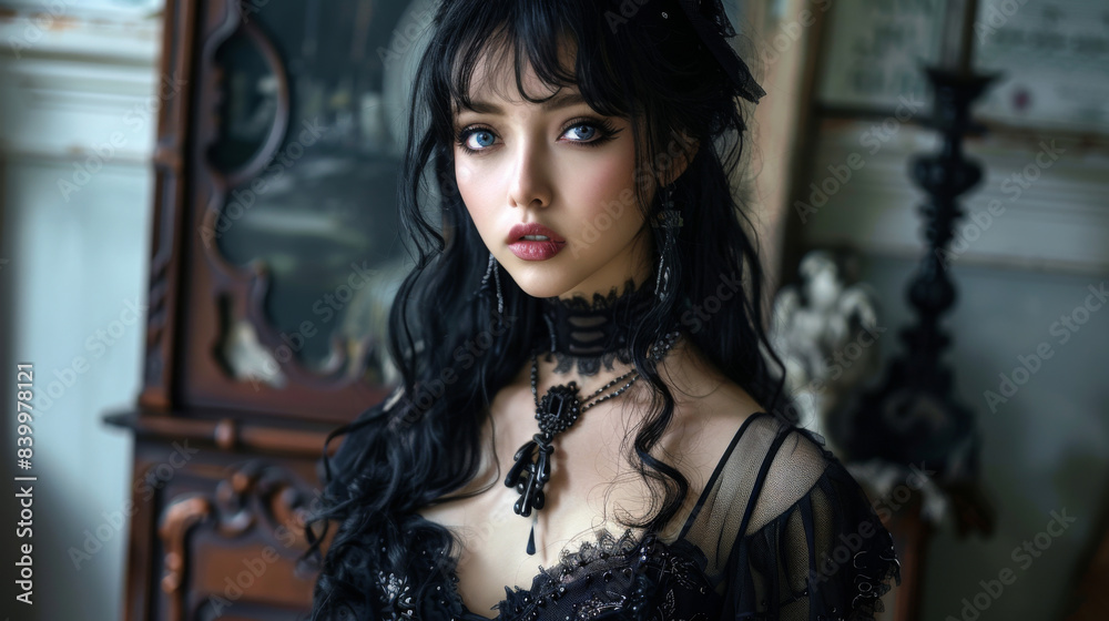 Goth style Portrait of a brunette woman, fashion and make-up shoot. Gothic, Goth, Emo, New Wave, Dark style fashion. Dark smokey make-up, red lipstick. Dramatic. Elegant. Goth style Portrait of a brunette woman, fashion and make-up shoot. Gothic, Goth, Emo, New Wave, Dark style fashion. Dark smokey make-up, red lipstick. Dramatic. Elegant.